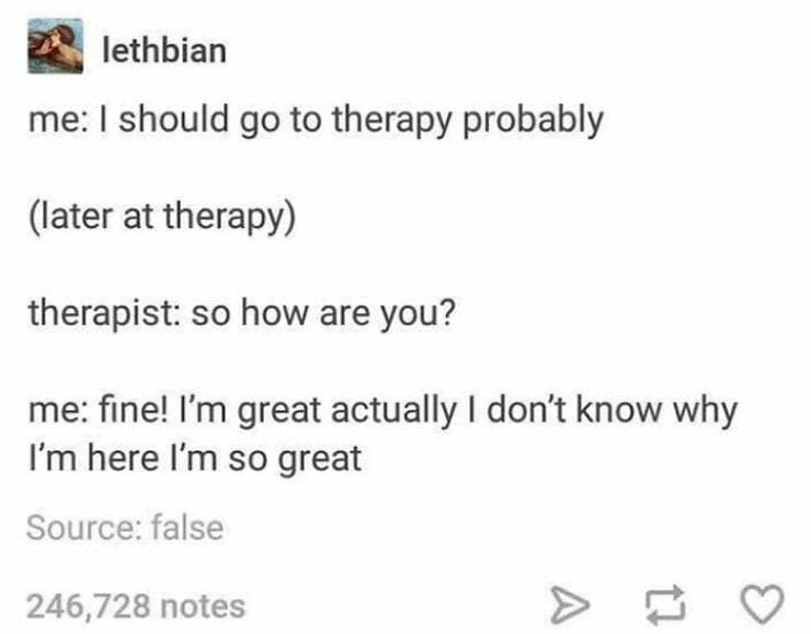 Brain memes me: I should go to therapy probably (later at therapy) therapist: so how are you? me: fine! I'm great actually I don't know why I'm here I'm so great