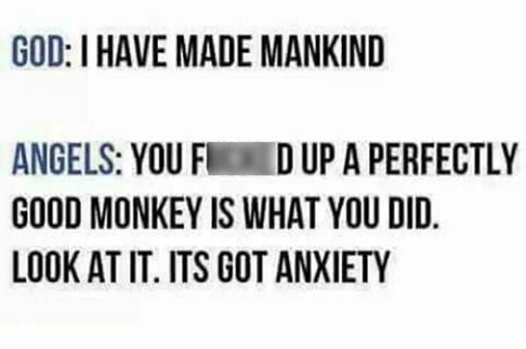 Brain memes GOD: I HAVE MADE MANKIND ANGELS: YOU FIC D UP A PERFECTLY GOOD MONKEY IS WHAT YOU DID. LOOK AT IT. ITS GOT ANXIETY