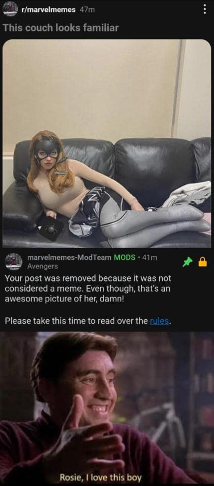 Your post was removed because it was not considered a meme. Even though, that's an awesome picture of her, damn!