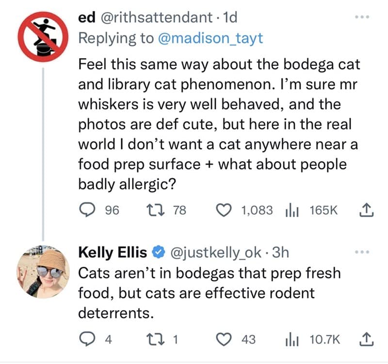 Feel this same way about the bodega cat and library cat phenomenon. I'm sure mr whiskers is very well behaved, and the photos are def cute, but here in the real world I don't want a cat anywhere near a food prep surface + what about people badly allergic?