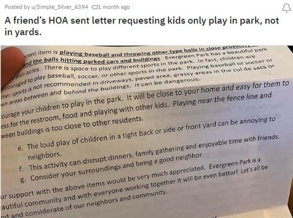 HOA nightmares. A friend's HOA sent letter requesting kids only play in park, not in yards.