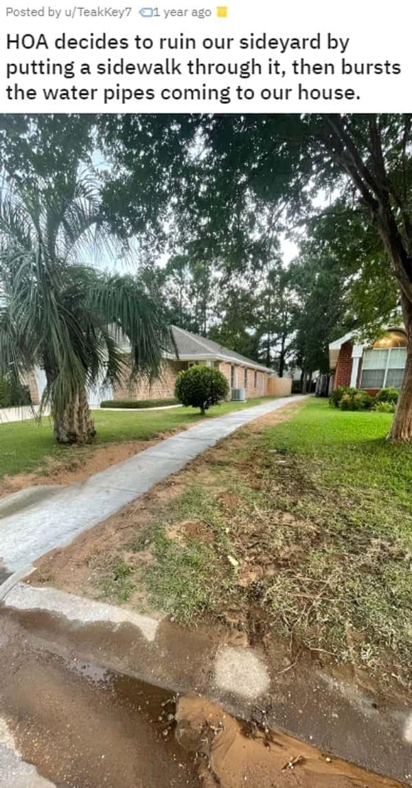 HOA nightmares. HOA decides to ruin our sideyard by putting a sidewalk through it, then bursts the water pipes coming to our house.