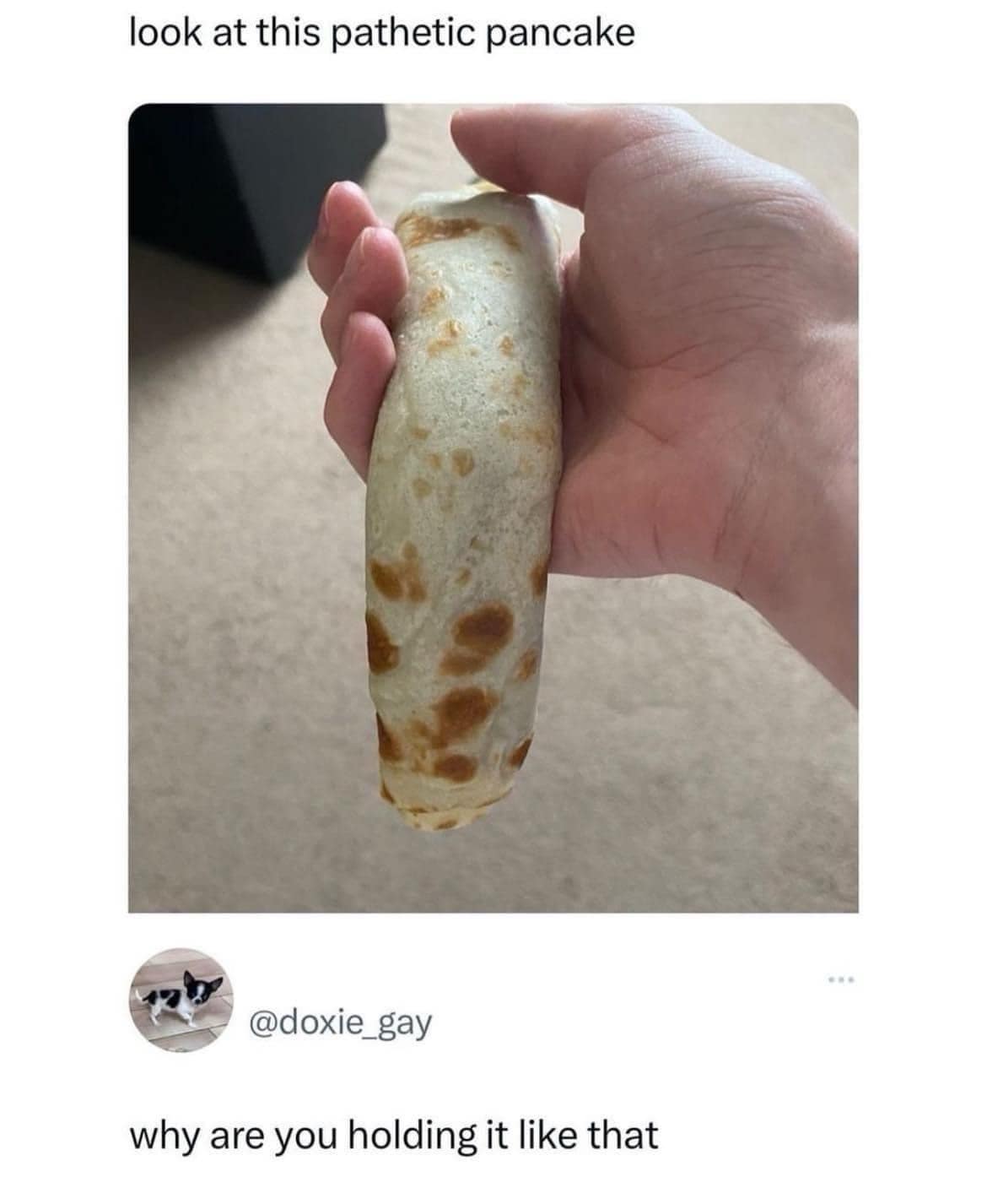 look at this pathetic pancake. why are you holding it like that