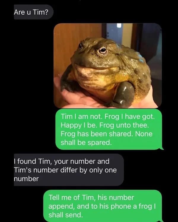 Are u Tim? Tim 1 am not. Frog I have got. Happy I be. Frog unto thee. Frog has been shared. None shall be spared. I found Tim, your number and Tim's number differ by only one number Tell me of Tim, his number append, and to his phone a frog I shall send.