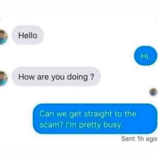 Hello Ні. How are you doing ? Can we get straight to the scam? I'm pretty busy. Sent 1h ago