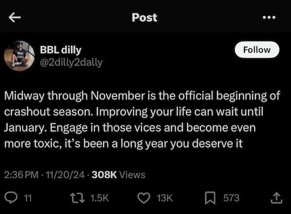+ Post BBL dilly @2dilly2dally Follow Midway through November is the official beginning of crashout season. Improving your life can wait until January. Engage in those vices and become even more toxic, it's been a long year you deserve it 2:36 PM - 11/20/24 • 308K Views 11 17 1.5K 13K 573