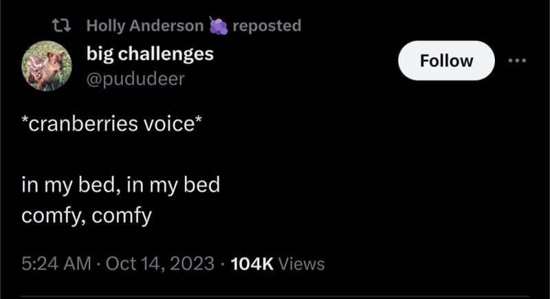 *cranberries voice* in my bed, in my bed comfy, comfy