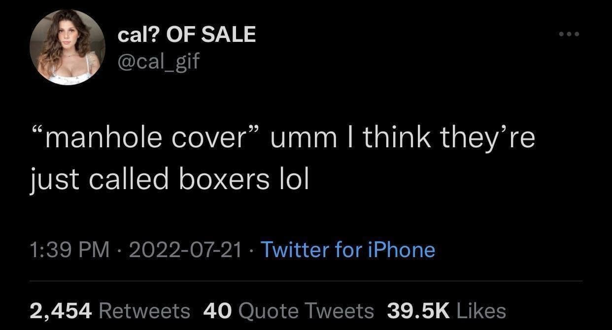 cal? OF SALE @cal_gif "manhole cover" umm I think they're just called boxers lol 1:39 PM • 2022-07-21 • Twitter for iPhone 2,454 Retweets 40 Quote Tweets 39.5K Likes