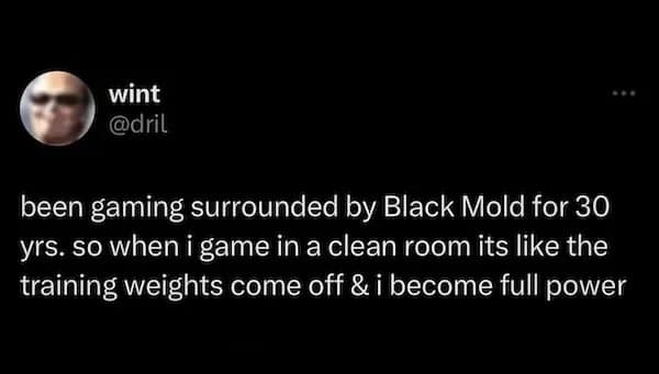 wint @dril been gaming surrounded by Black Mold for 30 yrs. so when i game in a clean room its like the training weights come off & i become full power