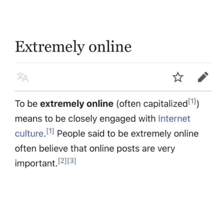 To be extremely online (often capitalized (1]) means to be closely engaged with Internet culture. [1] People said to be extremely online often believe that online posts are very important.
