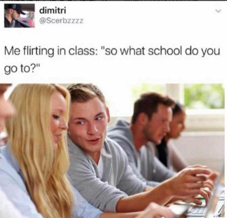 dimitri @Scerbzzzz Me flirting in class: "so what school do you go to?"
