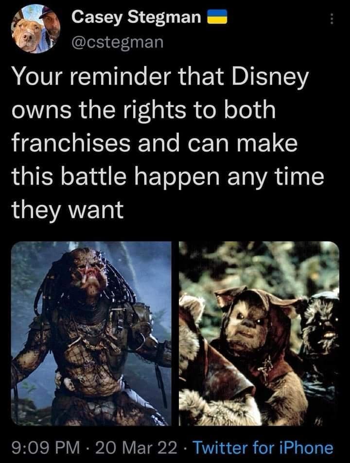 Your reminder that Disney owns the rights to both franchises and can make this battle happen any time they want