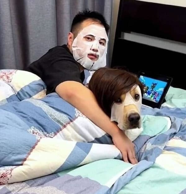 Dog and man in face masks doing a bedtime skincare routine