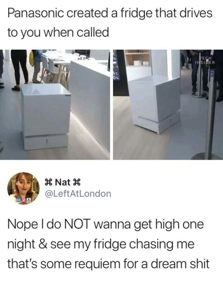Tweet about Panasonic’s self-driving fridge being terrifying when high