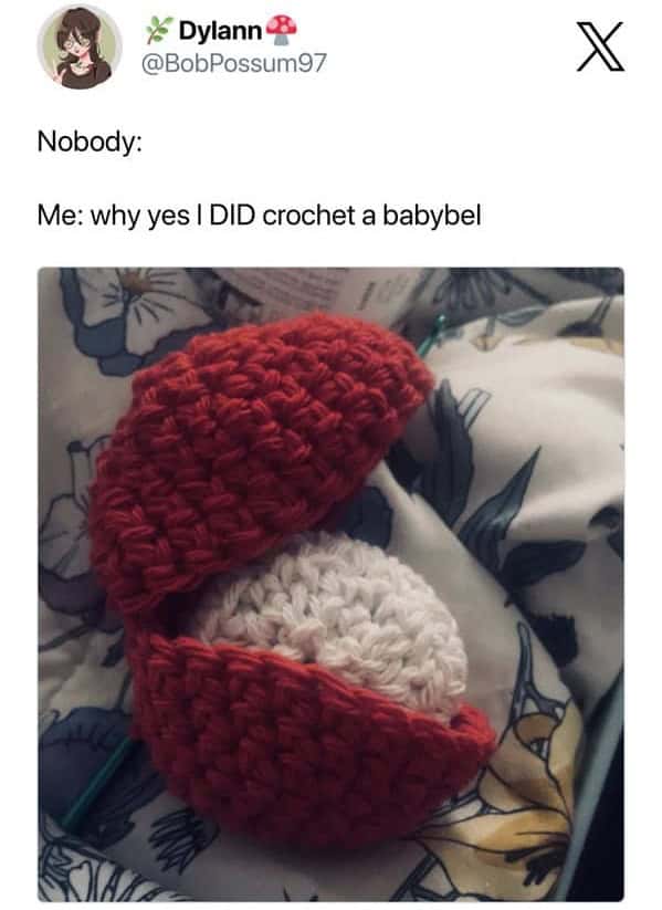 Crocheted Babybel cheese recreation with red yarn peel