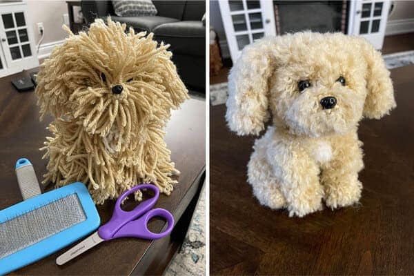 Yarn dog plush makeover before and after grooming