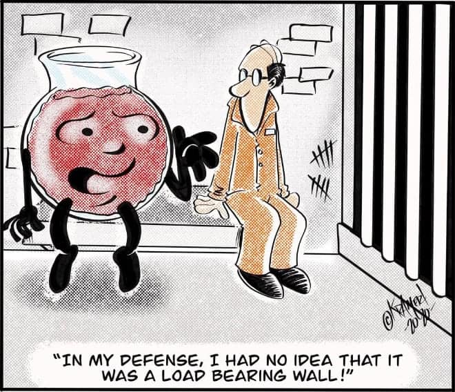 Kool-Aid-like character in jail explains crashing through a load-bearing wall.