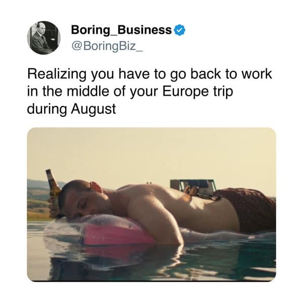 Tweet screenshot over photo of man dozing on pool float in sunlight.
