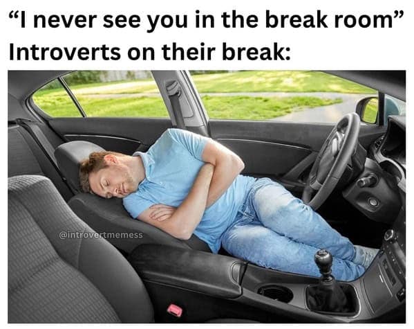 Introvert sleeping in car during work break with caption about avoiding break room