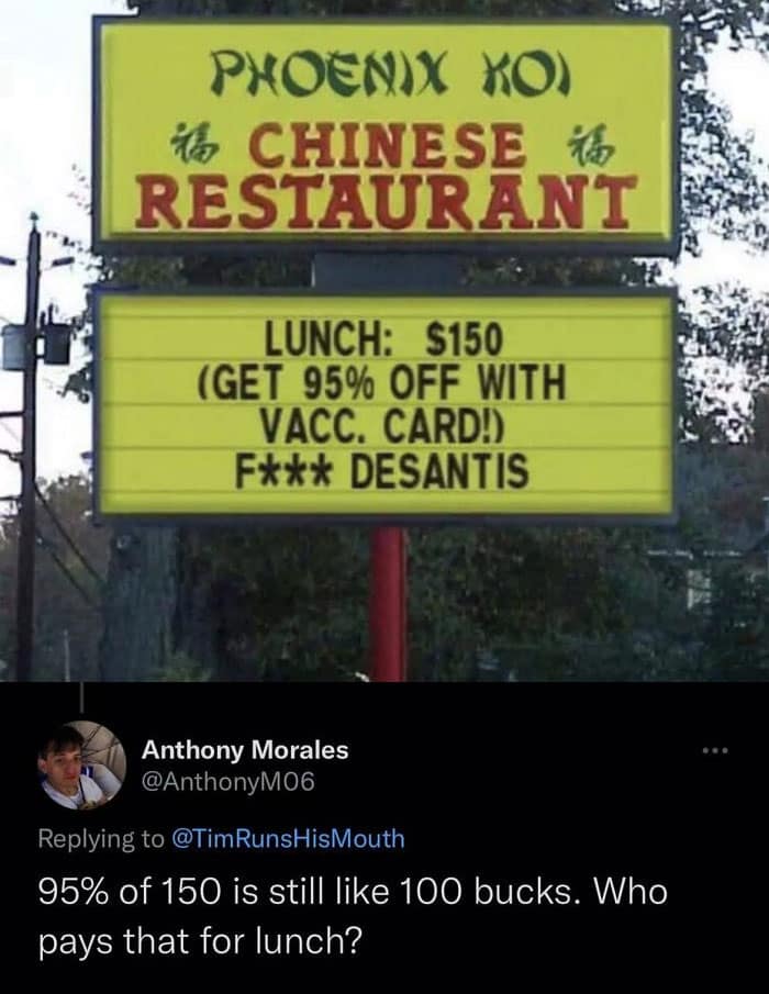 A math fail where a commenter thinks 95% off of a $150 lunch is $100.