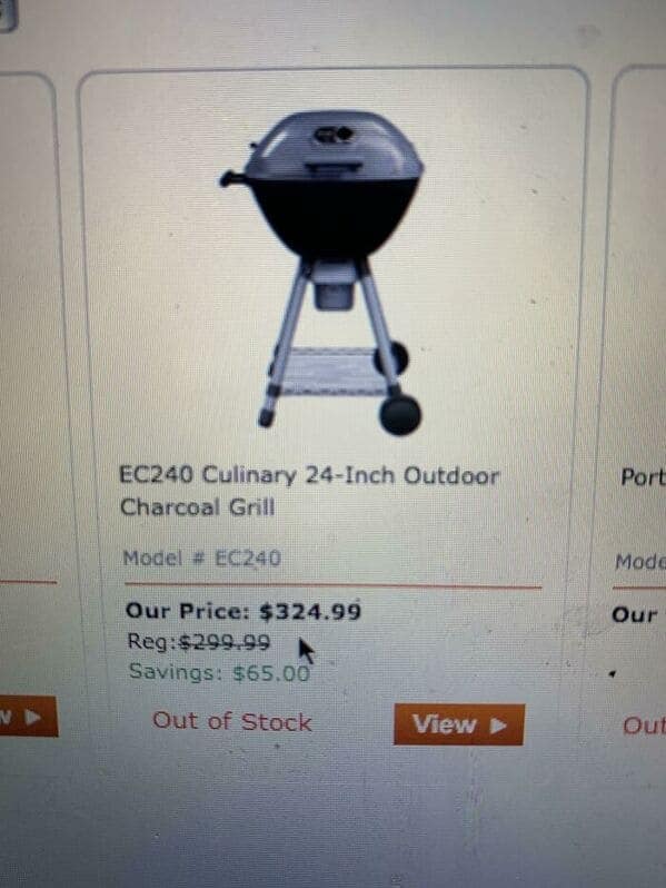 A pricing math fail where a grill on sale for $324.99 is more than its regular price.