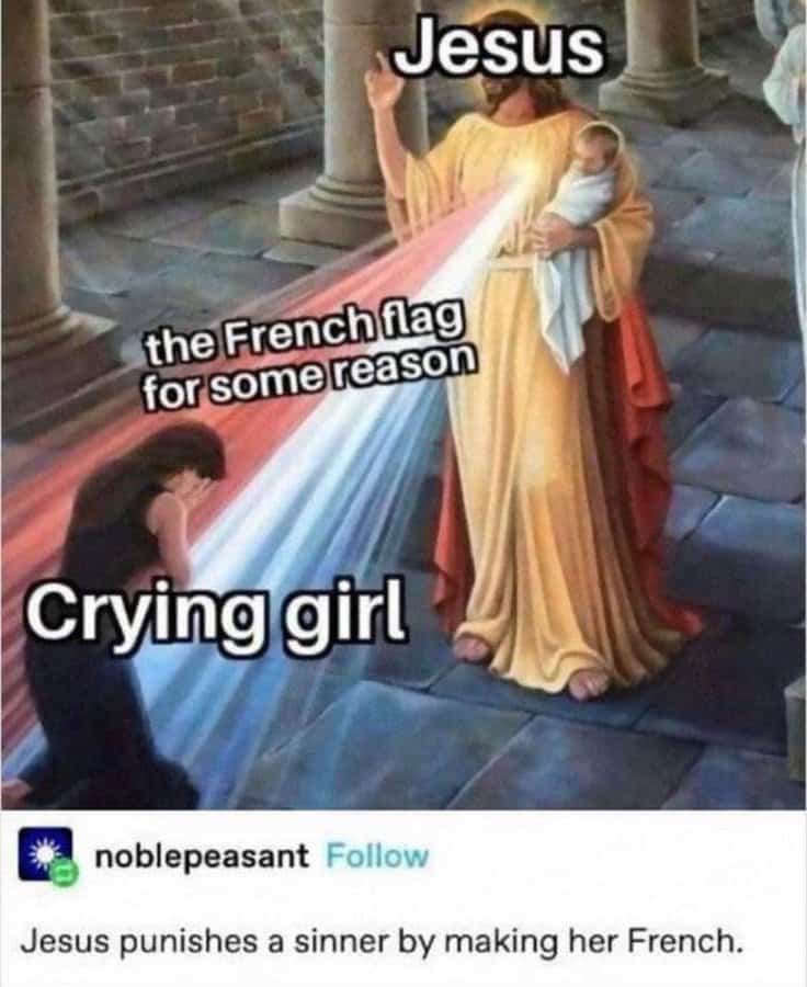 Classical painting shows Jesus casting tricolor beam at kneeling girl.