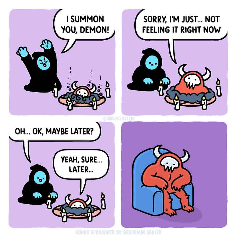 Robed summoner calls a demon; the demon isn’t feeling it and later sits on a couch in a low-energy Mr Lovenstein comics bit.