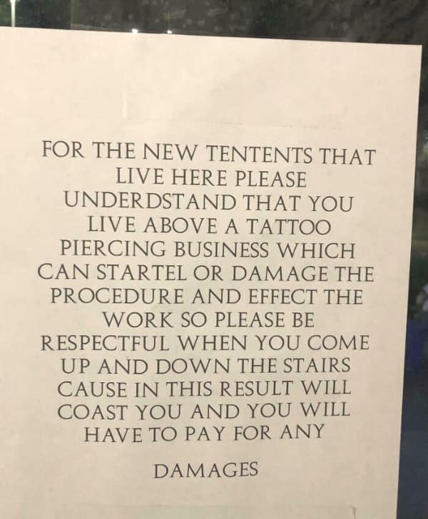 A funny passive aggressive note from a business to tenants with many spelling mistakes.