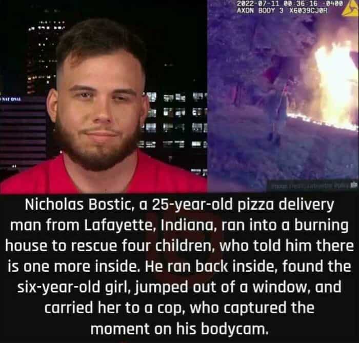 A positive post celebrating the heroic actions of a pizza delivery man named Nicholas Bostic.