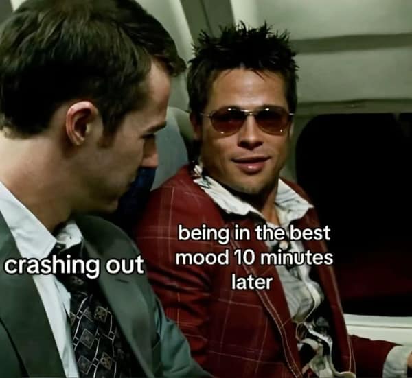 Club plane scene turned into a relatable meme about mood swing after a nap