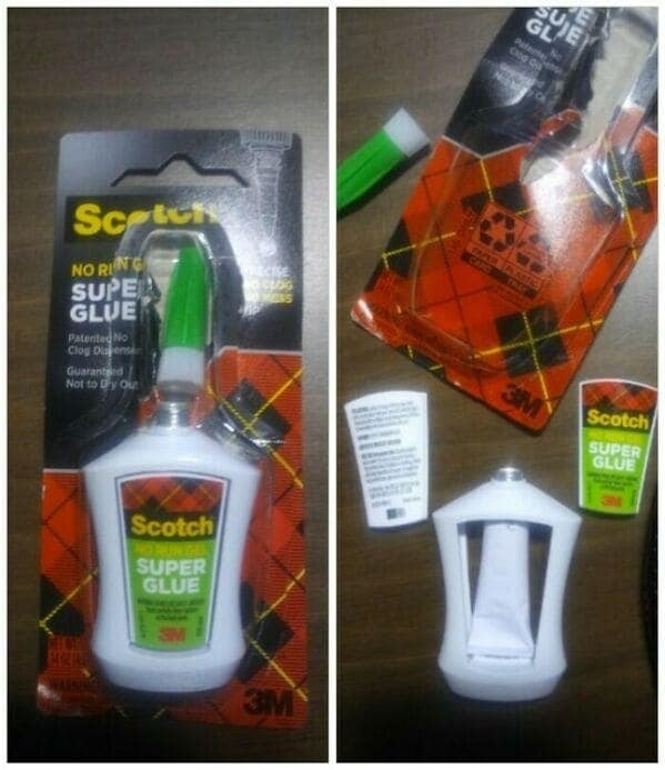 A shrinkflation example of a large super glue bottle containing a tiny, hidden tube of glue.