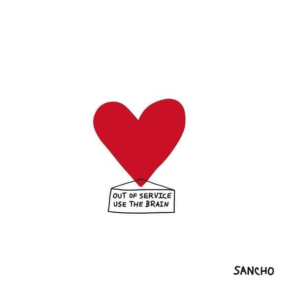 Minimalist red heart with a small sign that reads out of service use the brain