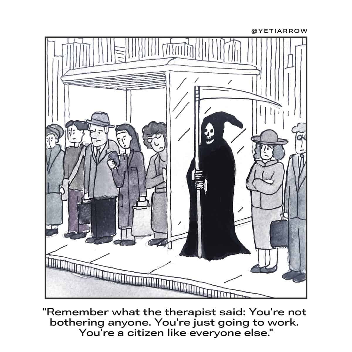 Single-panel comic: Grim Reaper stands in line at a city bus stop with commuters, holding a scythe.