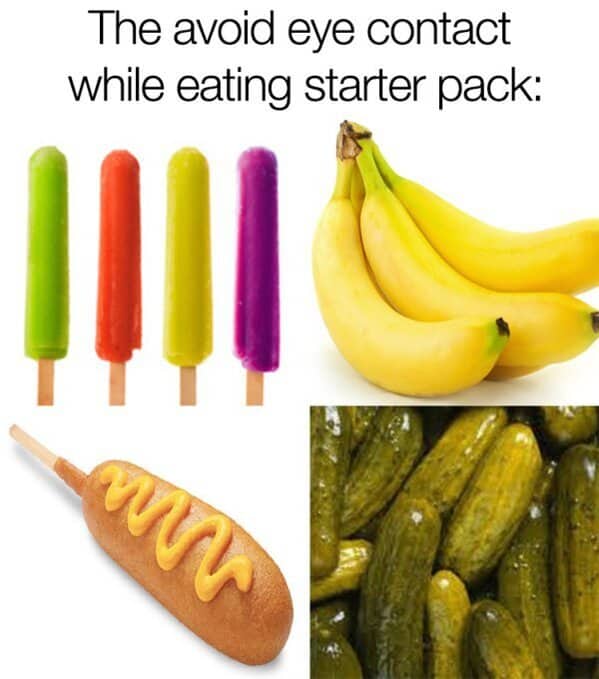 Collage of popsicles, bananas, corn dog, and pickles starter pack