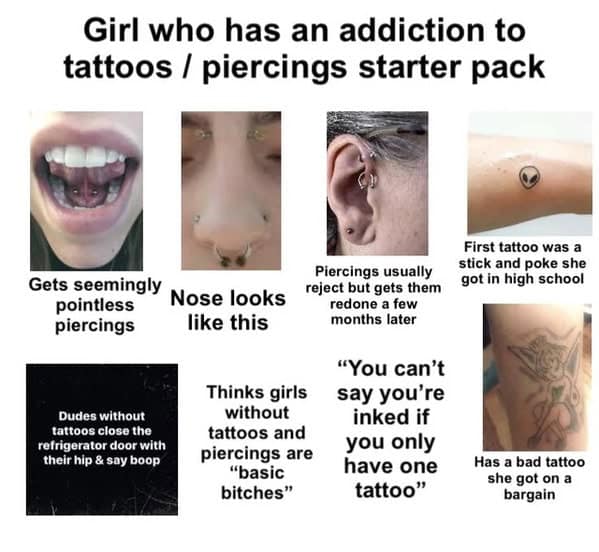 Collage of tattoo-and-piercing enthusiast traits: septum rings, ear stacks, stick-poke