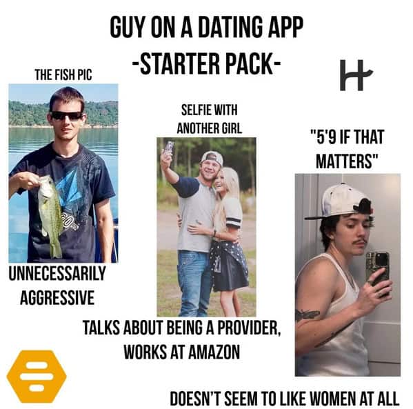 Collage stereotypes of dating app guy: fish pic, Hinge logo, mirror selfie