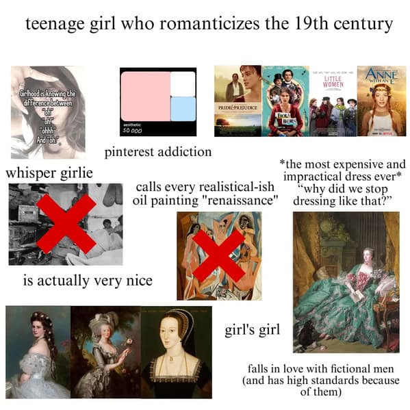 Collage of period-drama obsessed teen: Austen films, portraits, elaborate gowns