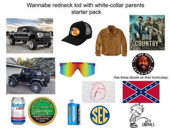 Collage of wannabe country-kid aesthetics: lifted trucks, wraparound shades, decals