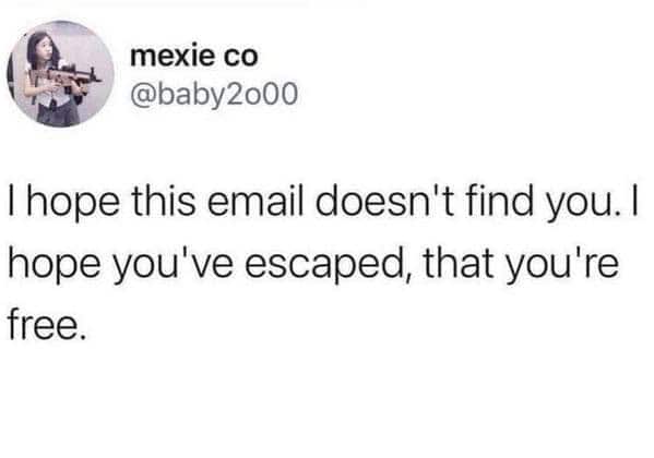 A funny work email meme that twists the classic opening line to "I hope this email doesn't find you."