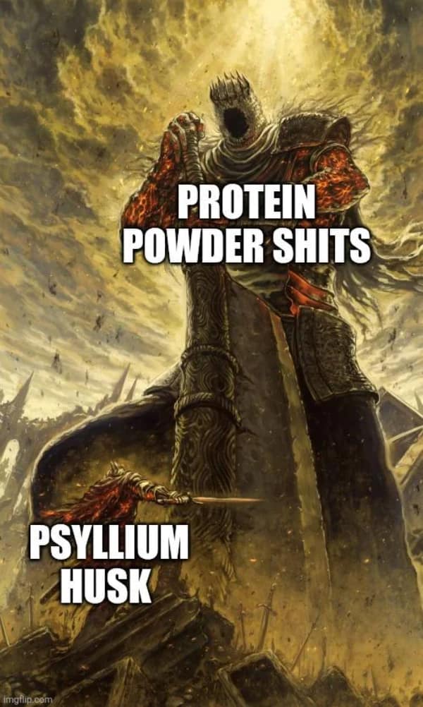 Workout memes turn a fantasy boss fight into protein-shake bathroom issues versus psyllium husk.