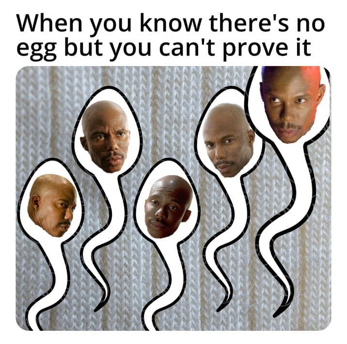 A dark humor But You Can't Prove It Meme showing sperm knowing there is no egg.