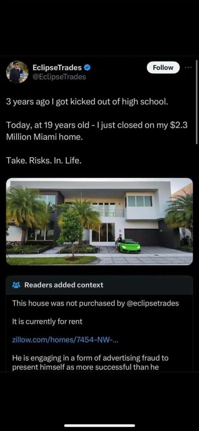 A funny Community Note on Twitter debunking a crypto trader's claim of buying a multi-million dollar Miami home.