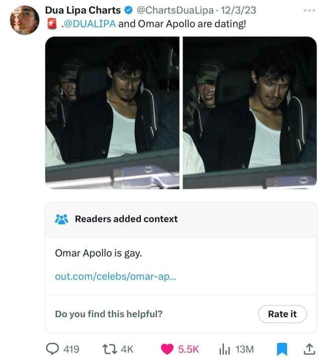 A Community Note fact-checking a celebrity dating rumor about Omar Apollo by simply pointing out that he is gay.