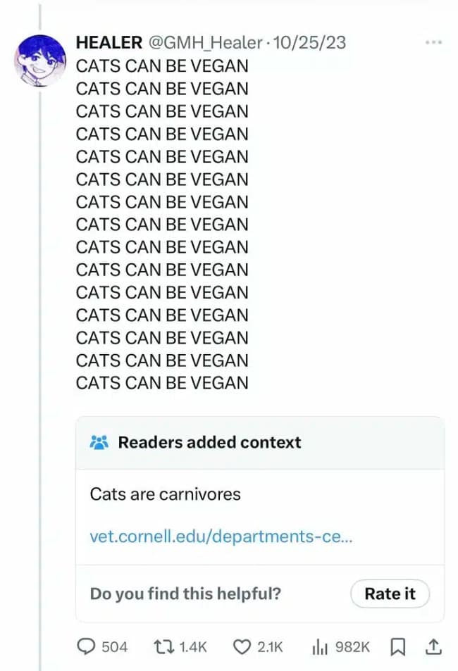 A Community Note fact-checking a viral tweet that repeatedly and falsely claims that cats can be put on a vegan diet.