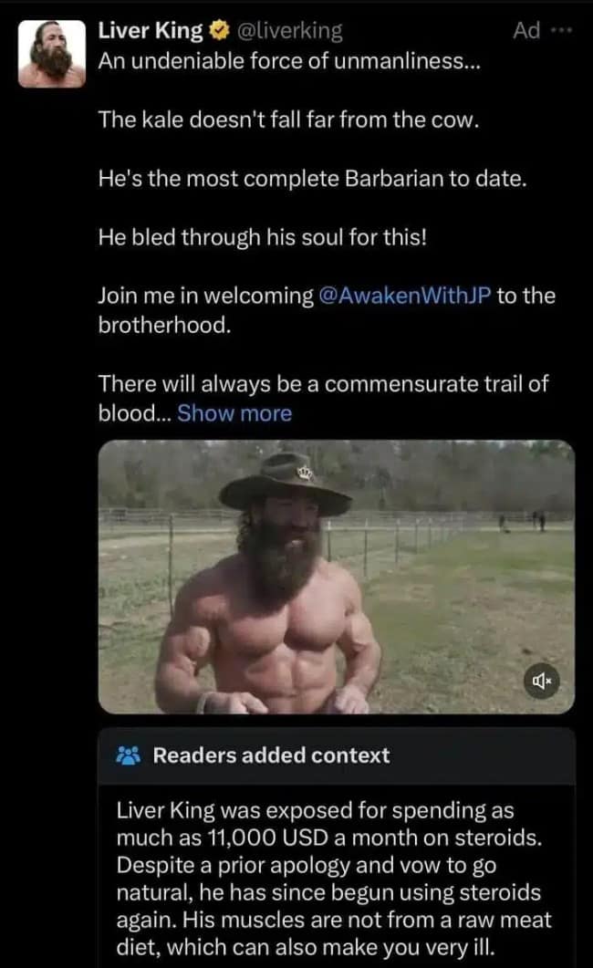 A Community Note fact-checking Liver King by reminding everyone of his massive steroid use after he claimed to be all-natural.
