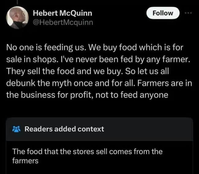 A hilarious Community Note fact-checking a tweet that had a very strange and incorrect take on the food supply chain.