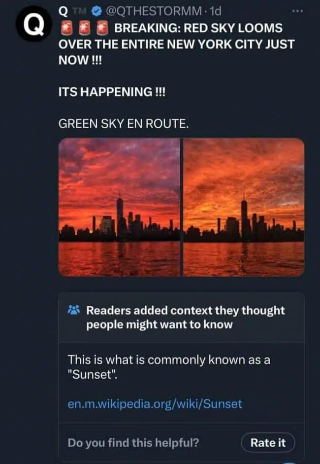 A Community Note hilariously fact-checking a conspiracy theorist by explaining the simple, scientific concept of a "sunset."