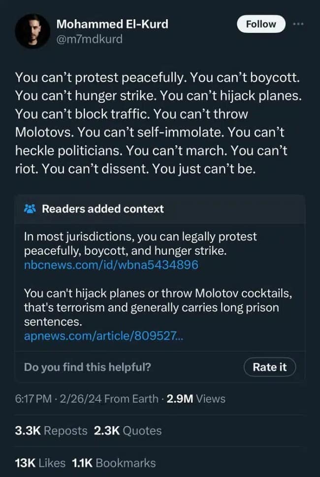 A Community Note fact-checking a misleading tweet about what forms of public protest are legal versus what is considered terrorism.