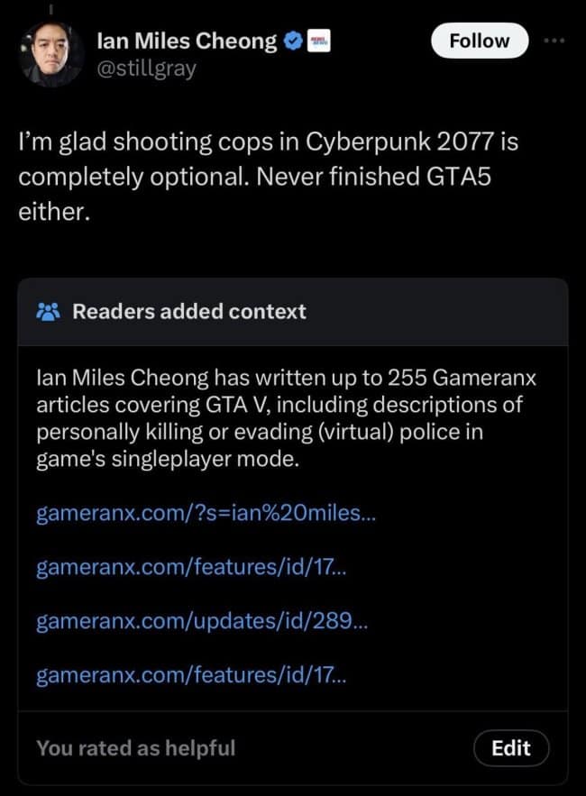 A Community Note fact-checking a journalist who claimed to dislike virtual violence by linking to his own articles on the topic.