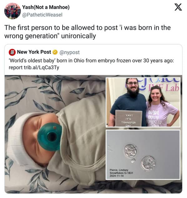 Tweet on the “world’s oldest baby” from a decades-frozen embryo with collage photos.